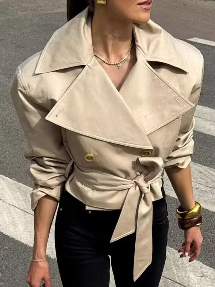 SLTNX 2026 New Women's British Wind Trench Coat Style Double-breasted Long Sleeve Belt Lapel Jacket Short Coat