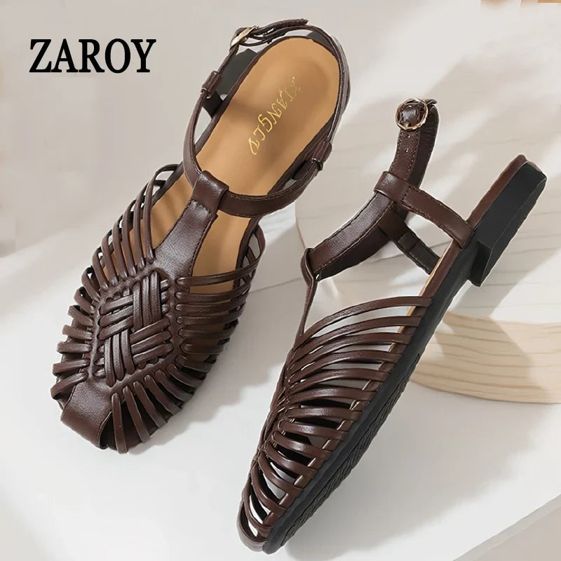 ZAROY Summer Women Gladiator Sandals Flat Ankle Strap Narrow Band Roman Shoes Casual Beach Vacation Hollow Out Big Size Sandalia