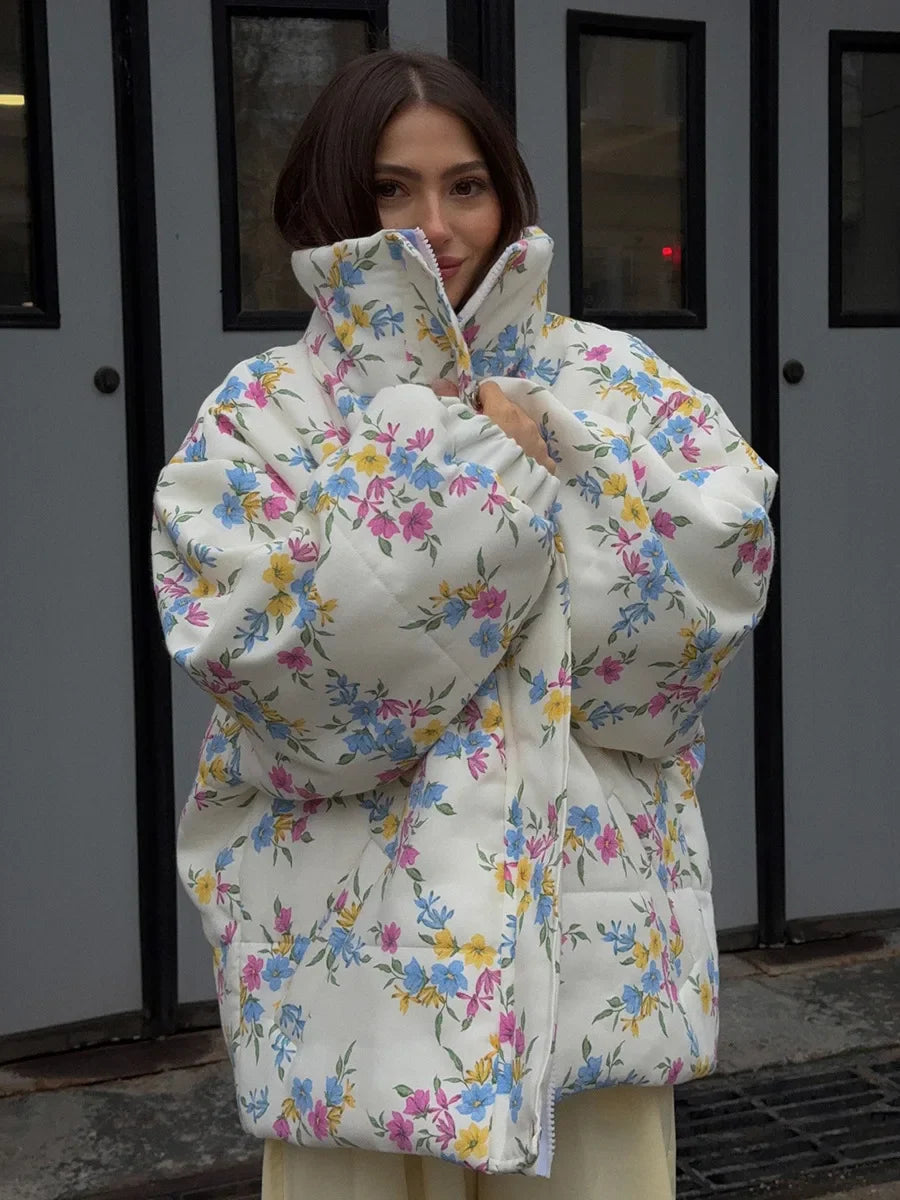 Yaminiya Fashion Thicken Women Puffer Jacket Oversize Stand Up Collar Zipper Floral Print Warm Cotton Filled Coat Autumn Winter