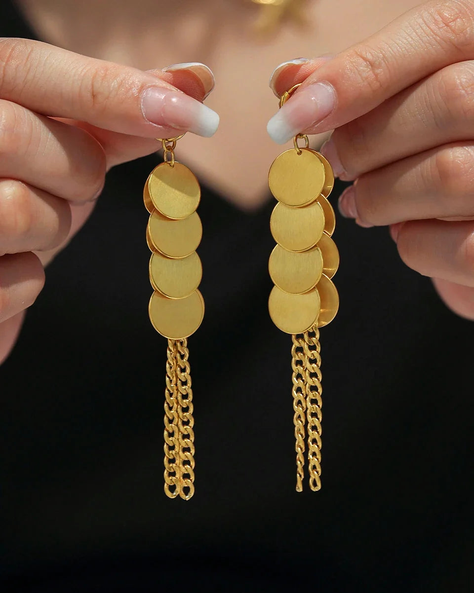 Stainless Steel Dangle Earrings For Women 18k Gold Plated Waterproof Non Tarnish Women's Glossy Sheets Chains Tassel Earring