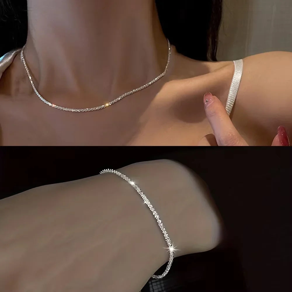 Starry Sky Sparkling Necklace, Women's Clavicle Chain Bracelet, Simple Sparkling Plain Chain, Stackable Design