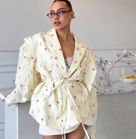 Chic Oversize Floral Printed Women Jacket Padded Lapel Lace Up Loose Coat Long Sleeve High Waist Outwears 2025 Lady Streetwear