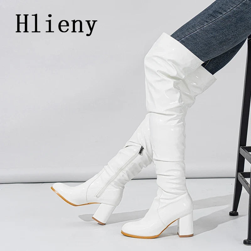 Hlieny 2026 Winter New Thigh High Boots Fashion Patent Leather Round Toe Zip Female Square Heels Pleated Design Women's Shoes
