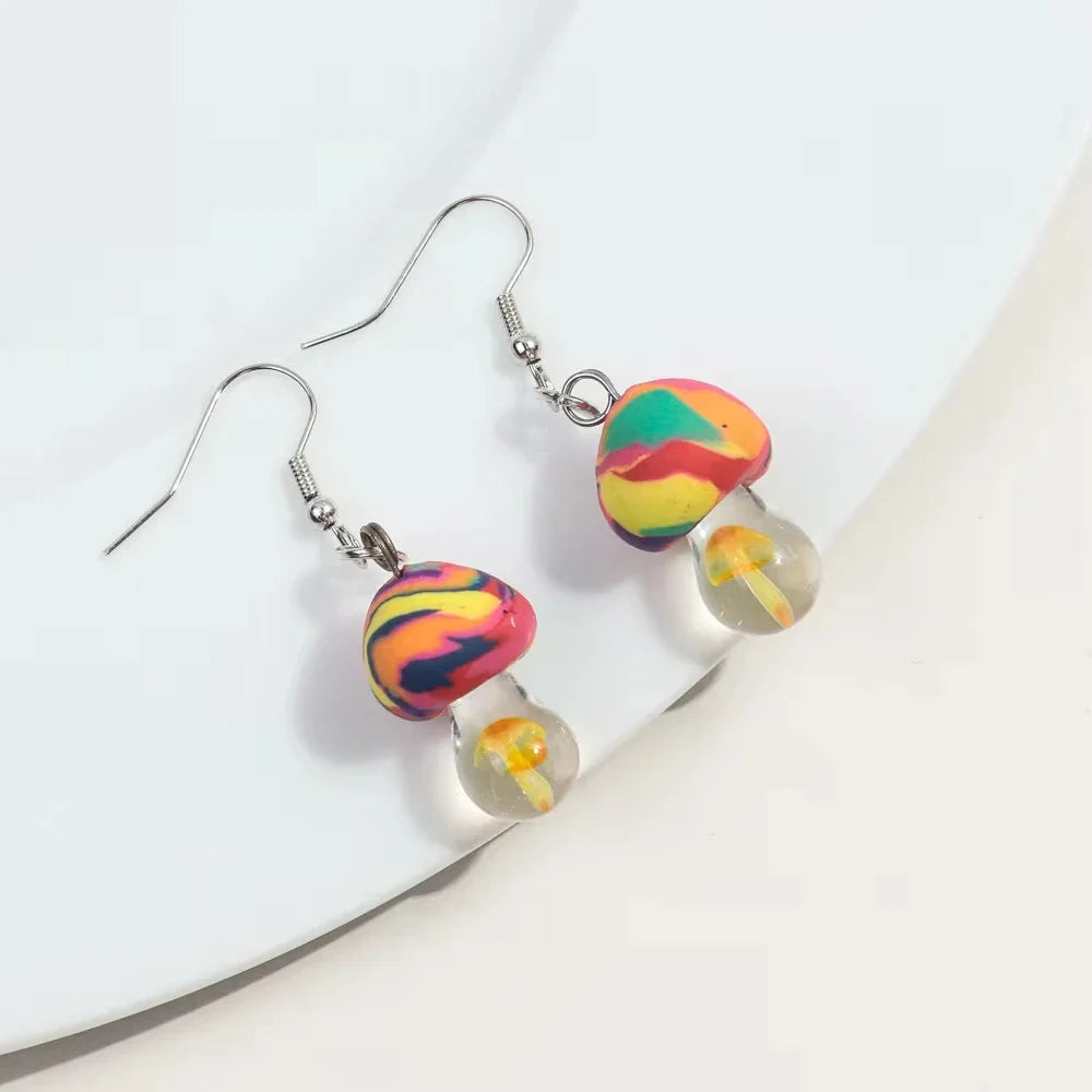 New Cute Polymer Clay Mushroom Acrylic Drop Earrings for Women Cartoon Colorful Flower Pendant Earring 2024 Trend Jewelry Gift