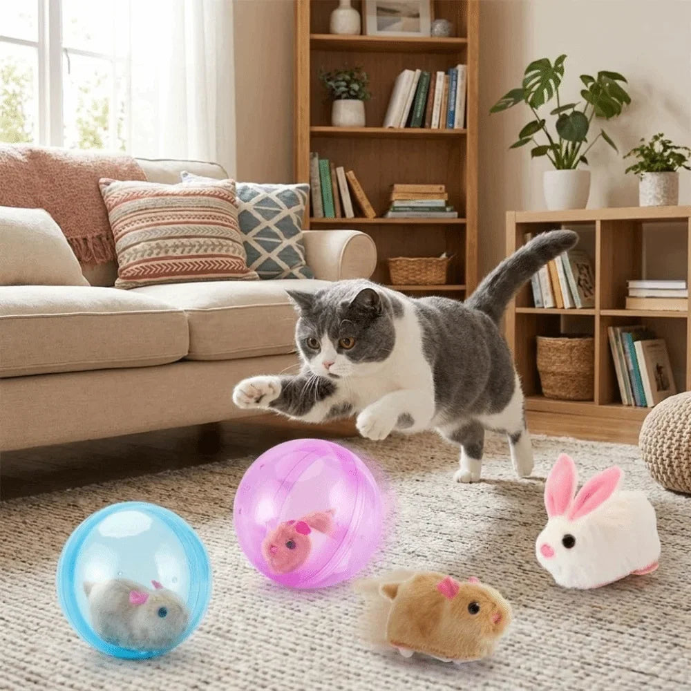 Transparent Cat Chasing Ball Built-in Plush Animal Plastic Interactive Cat Toy Realistic Rabbit Hamster Chasing Ball