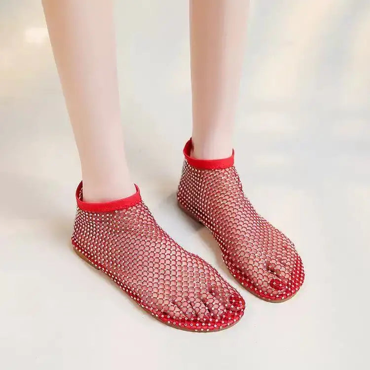 Luxury brand Women's New Round Toe Flat Bottom Slippers Hollow Short Boots Water Diamond Sexy Flat Bottom Banquet  Sandals