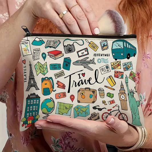 1 Travel-Themed Illustrated Makeup Bag - Multifunctional Zipper Pouch for Women, Jewelry Storage Bag, Perfect Travel Zipper Organizer, Fun Birthday Gift