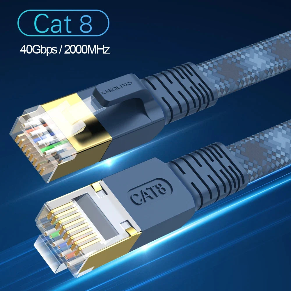 CAT 8 Flat Network Internet Cable 40Gbps 2000MHz Round RJ45 Nylon Braided LAN Cable Patch Cord for Modem Router PC PS4/5/6 Xbox