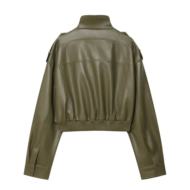 MUJER Faux Leather Cropped Jacket Women Bomber Demi-season Jackets for Women Long Sleeve Women's Coats Zip Overcoat Jacket Women