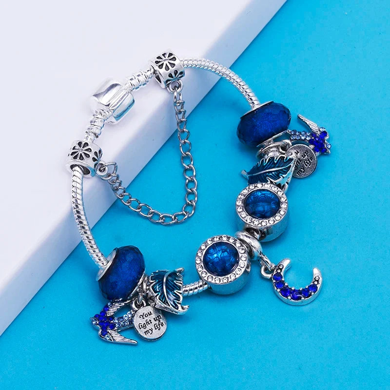 Fashion Silver Plated Shiny Blue Crystal Bead Pendant DIY Charm Bracelets Bangles For Women Girlfriend Jewelry Dropshipping