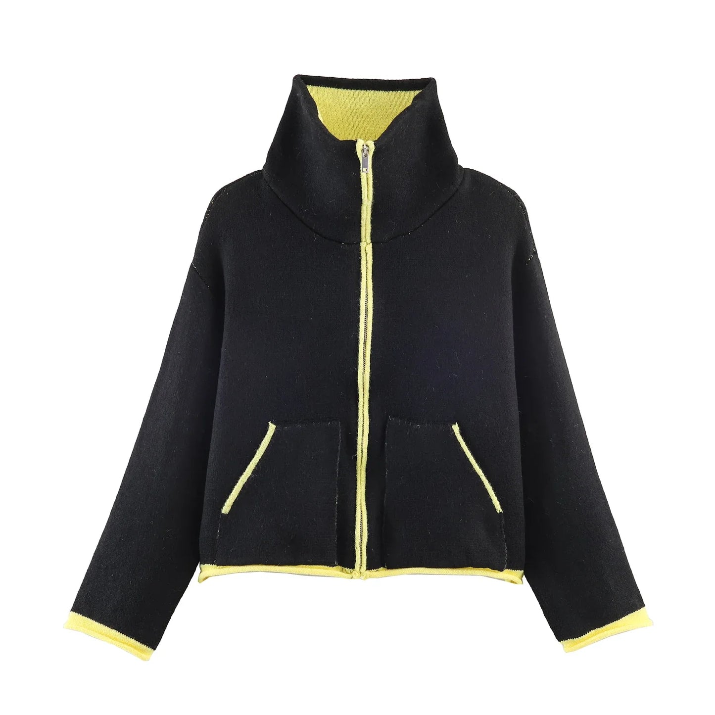 2025 Winter New Product Women's Lazy Style Loose Contrasting Color Decorative Layer Knitted Pilot Jacket Coat