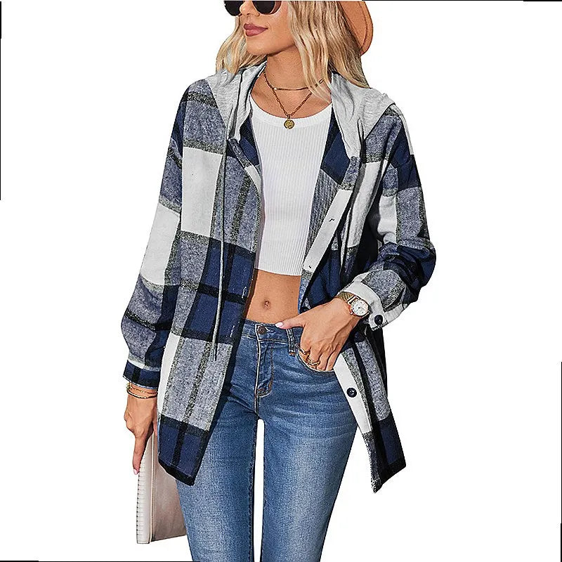 Women Hooded Plaid Wool Coat Blouse Top Spring Summer Fashion Outerwear