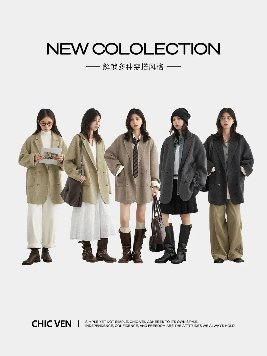 CHIC VEN New Women Woolen Coat Loose Solid Mid-length Double-sided Oversized Office Ladies Jackets Outerwear Autumn Winter 2026