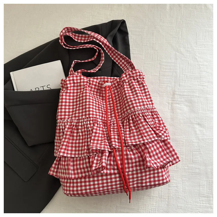 Large Capaci Cute Plaid Cotton Tote Bag  Lace Trim Women's Summer 2025 Simple Lady Handbag Soft Shoulder Bags Bolsa Feminina