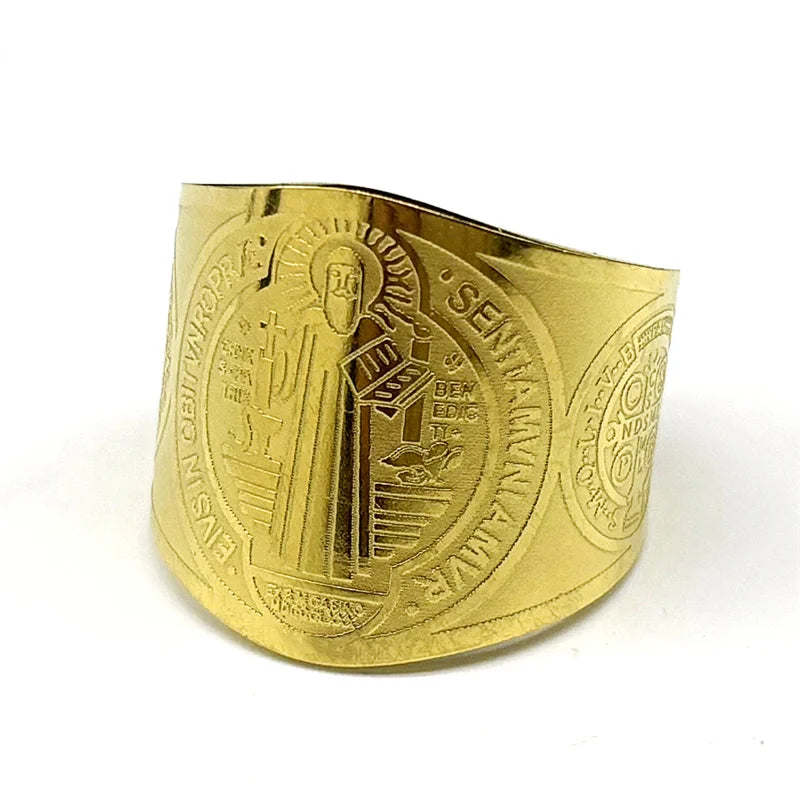 Catholic Saint Benedict Medallion Adjustable Rings for Women Men Stainless Steel Open Finger Ring Amulet Jewelry San Benito