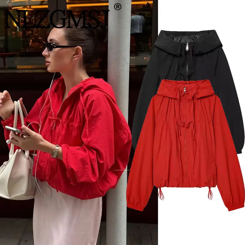 Nlzgmsj 2026 Spring Casual Hoodie Red Jackets Women Long Sleeve Zipper Short Coats Fashion Y2K Girl Outwears