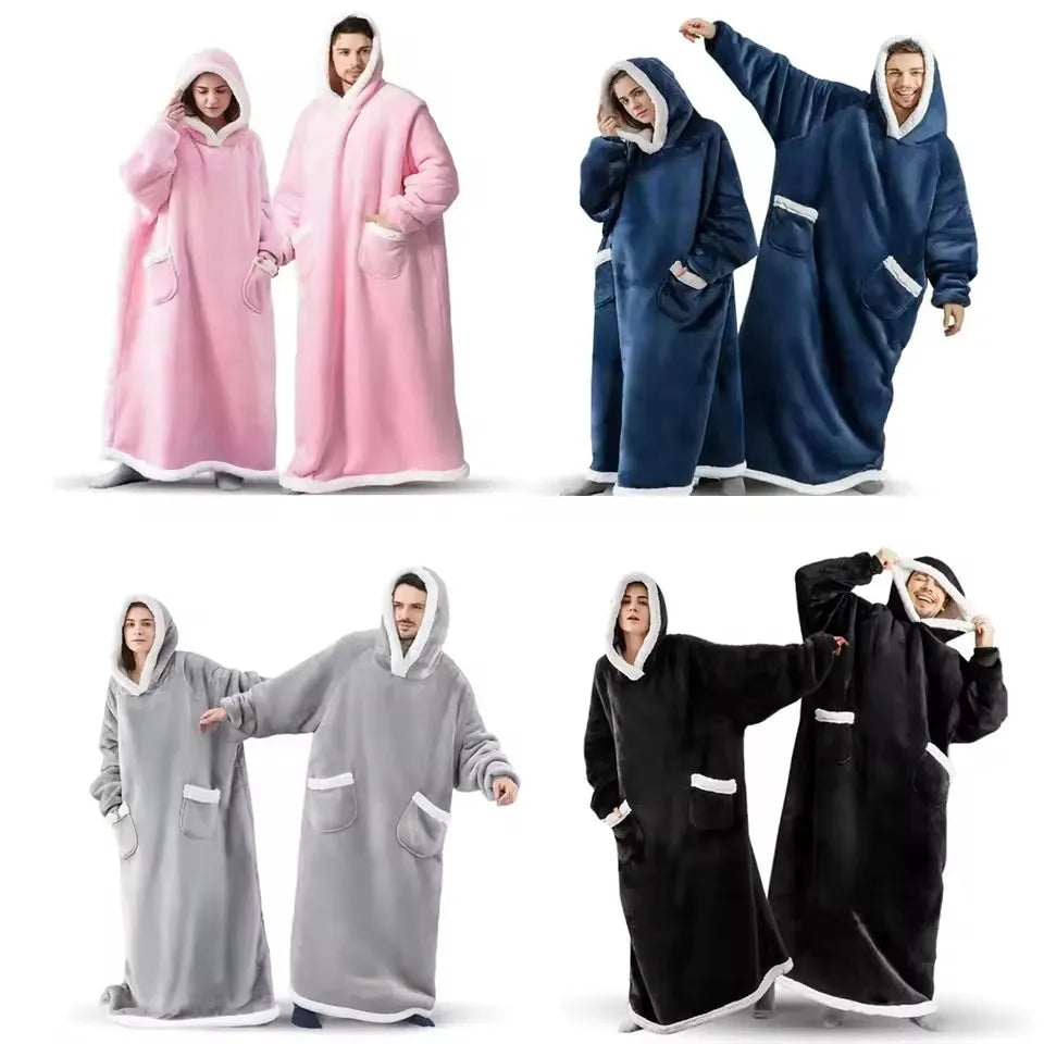 180cm Super Long Flannel Blanket Pyjamas with Sleeves Winter Hoodies Sweatshirt Women Men Pullover Fleece Giant Oversized Outdoo