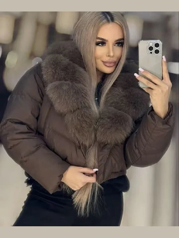 Luxury Thick Faux Fox Fur Collar Cropped Puffer Coat Women Oversized Lapel Zip Up Short Warm Windproof Winter Outerwear Jacket