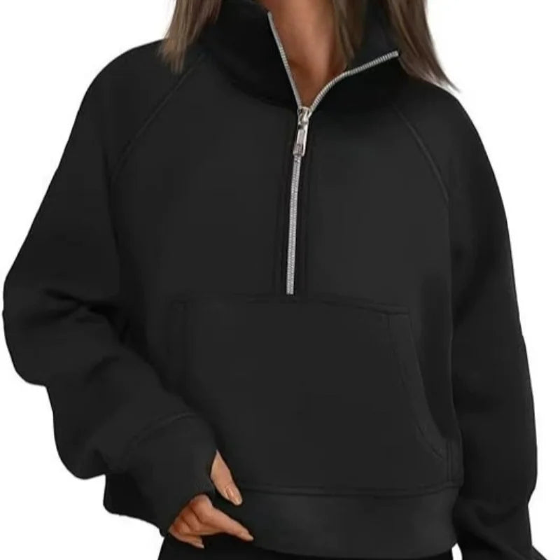 New Women's Spring Autumn Winter Stand Collar Plus Fleece Solid Color Hoodie Long Sleeve Pocket Loose Half Zip Pullover Hoodie