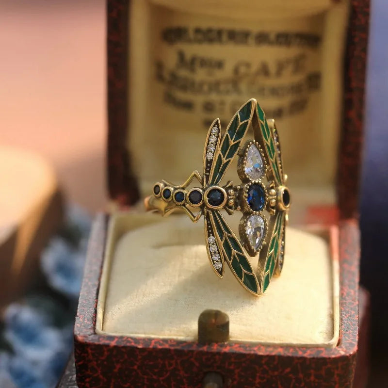 Gorgeous Vintage Insect Dragonfly Ring for Men Women Blue Cubic Synthetic Zirconia Party Jewelry Christmas Anniversary Gift