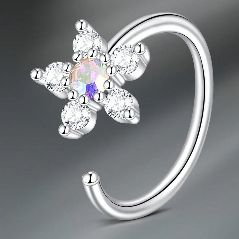 1pc Stainless Steel Nose Septum Clicker 20G 16G Flower Cubic Zirconia Decorated Piercing Nose Ring, Suitable For Daily Wear