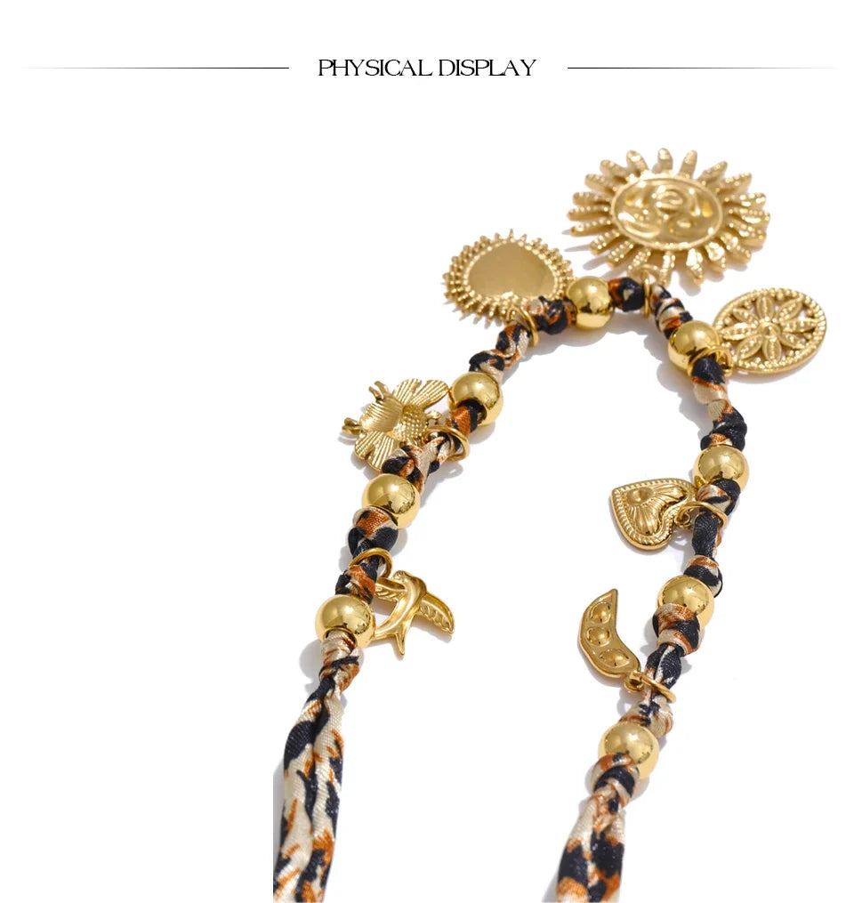 Yhpup Popular Stainless Steel Leopard Polyester Sun Flower Heart Insect Drop Collar Necklace 18K PVD Plated Fashion Jewelry Gift