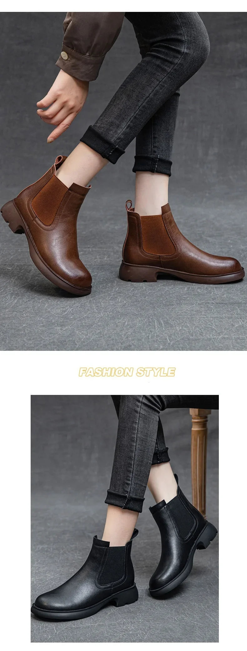 DRKANOL Fashion Women Thick Heel Ankle Boots Autumn Winter Warm Shoes Round Toe Real Cowhide British Style Slip On Chimney Boots