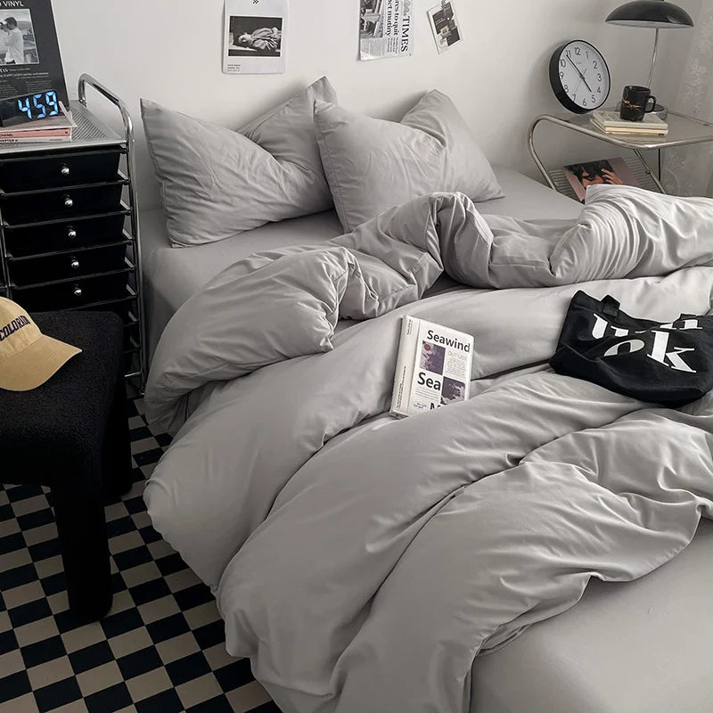 Washed Cotton Bed Linen Bedding Set 4 Pieces Bed Sheets Set Solid Color Comforter Cover Couple Queen King Size Bed Quilt Cover