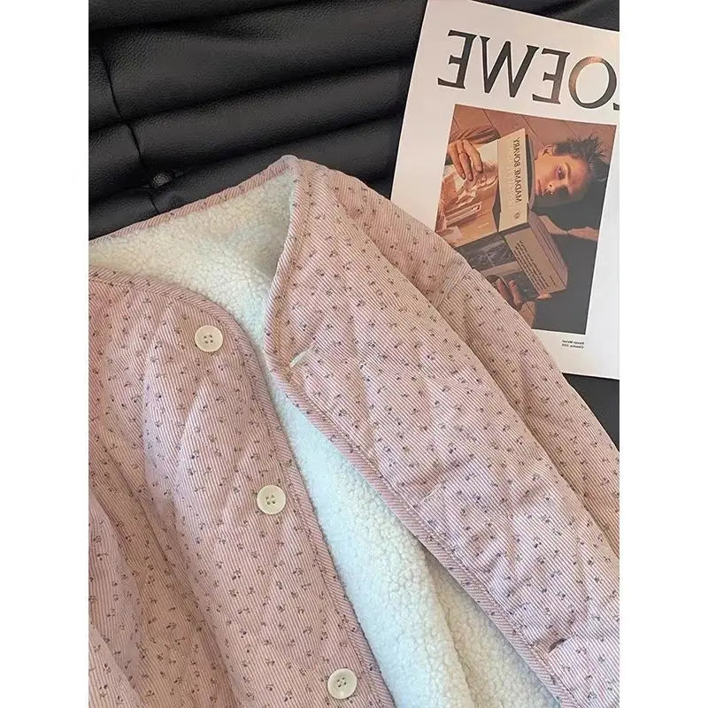 Chic Floral Corduroy Jacket for Women - Korean Loose Fit Round Neck Long Sleeve Cotton Top, Warm Versatile Autumn Winter Shacket