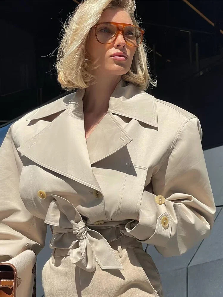 SLTNX 2026 New Women's British Wind Trench Coat Style Double-breasted Long Sleeve Belt Lapel Jacket Short Coat