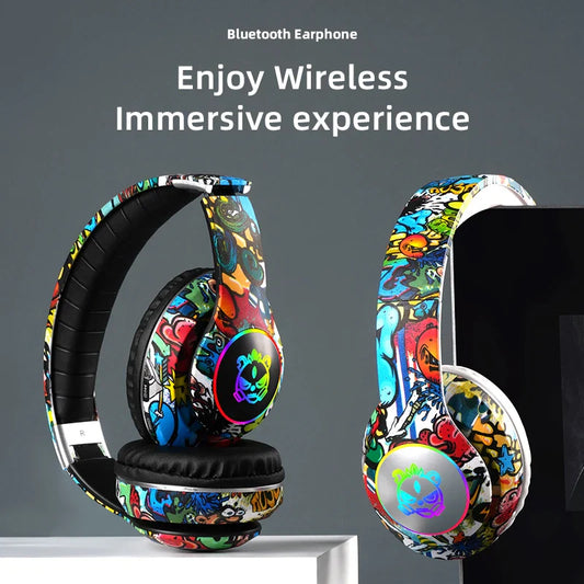 Graffiti Bluetooth Headphones LED Light Game Doodle Wireless Headsets Earphones With Mic For Kids Boy Girl Gift Support TF Card