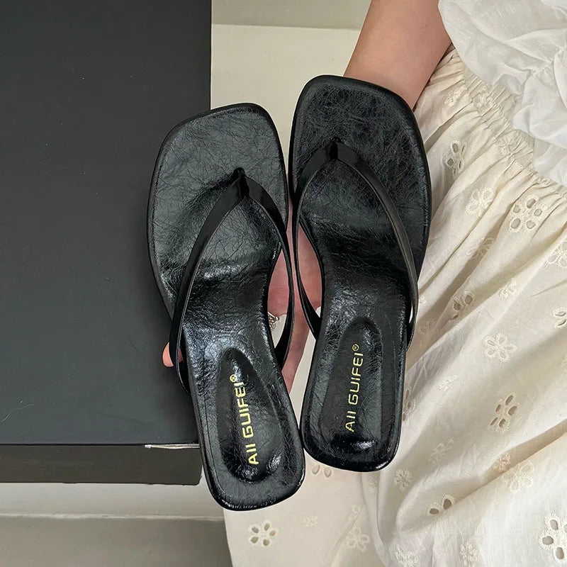 Fashion Square Toe Women 4CM Heels Slippers Slides Sandals Summer Casual Female Flip flops Ladies Thin Heel Slippers Shoes Pumps