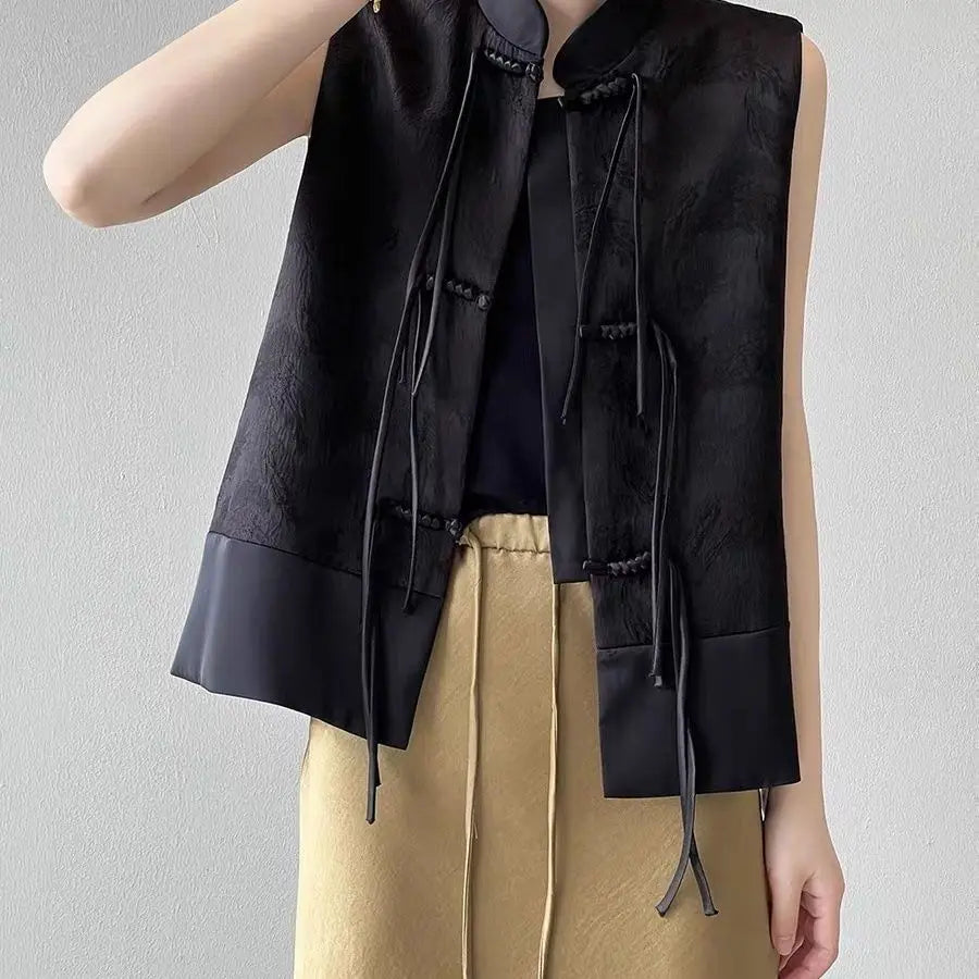 2026 spring new chinese new style plate buckle waistcoat jacket jacquard stand collar sleeveless retro women cheongsam waistcoat