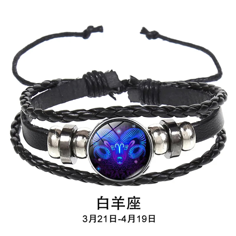 12 Constellation Zodiac Sign Charm Luminous Bracelets Men Women Vintage Multilayer Wrap Leather Chain Bangle Birthday Jewelry