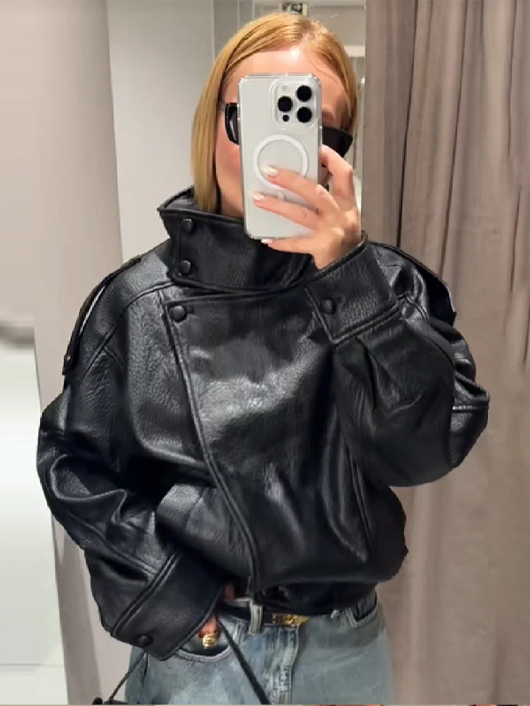 Women's Autumn Fashion Standing Collar Leather Jackets Windproof Loose Fold Coats Vintage Style High Street Outdoors Clothes