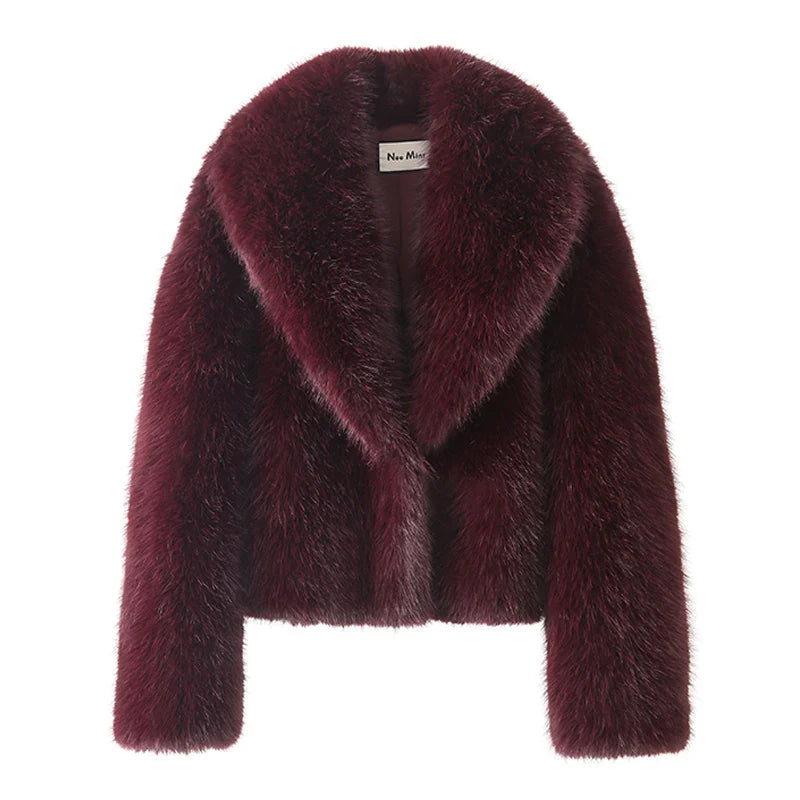 Neo Mint Street Fashion Shawl Collar Faux Fox Fur Coat Women 2024 Winter Cool Girls Black Short Fur Jacket Vintage Chic Overcoat