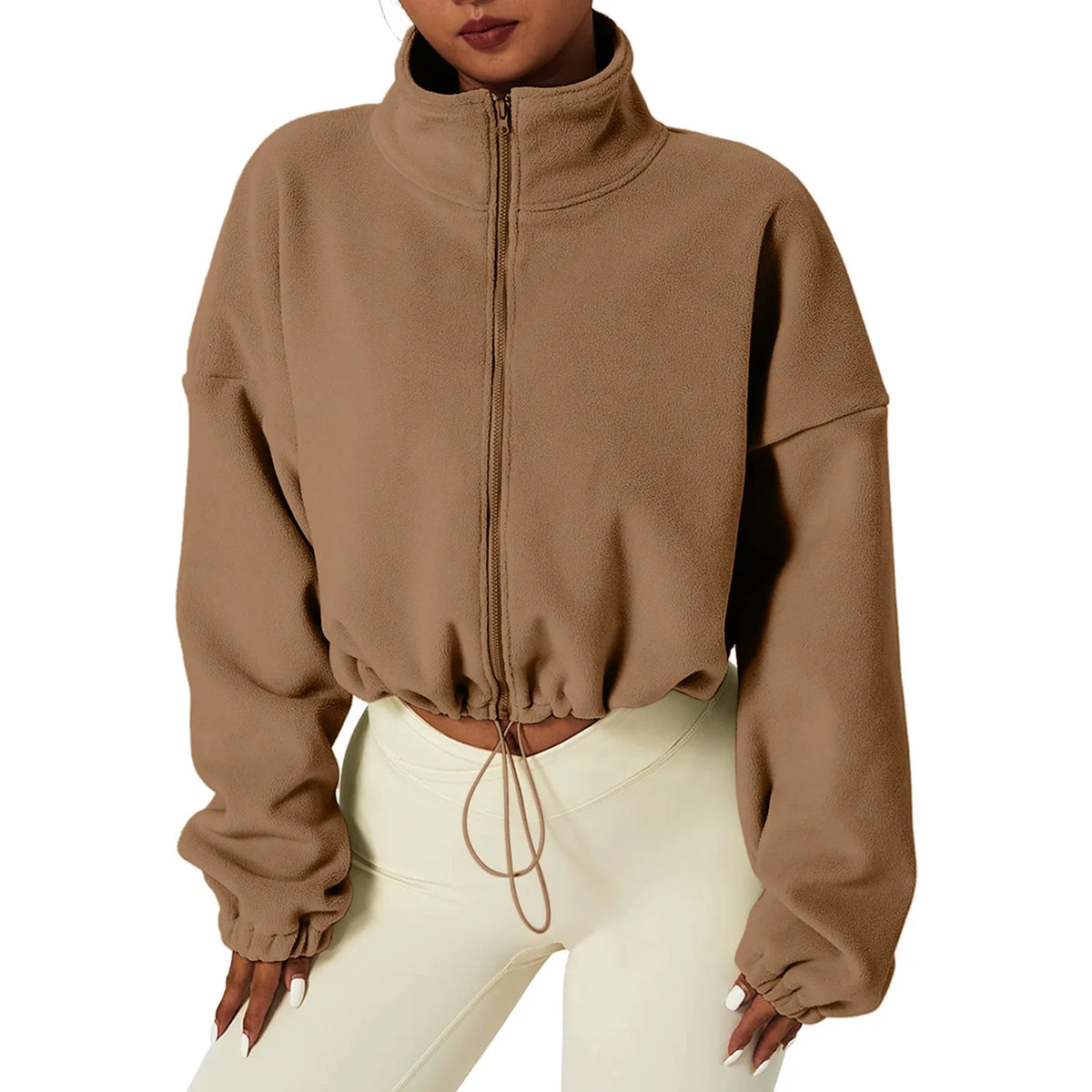 Women Autumn Stand Collar Fleece Jacket Zip Up Cropped Coat Solid Sweatshirt Top Drawstring Fashion Casual Outerwear Sportswear