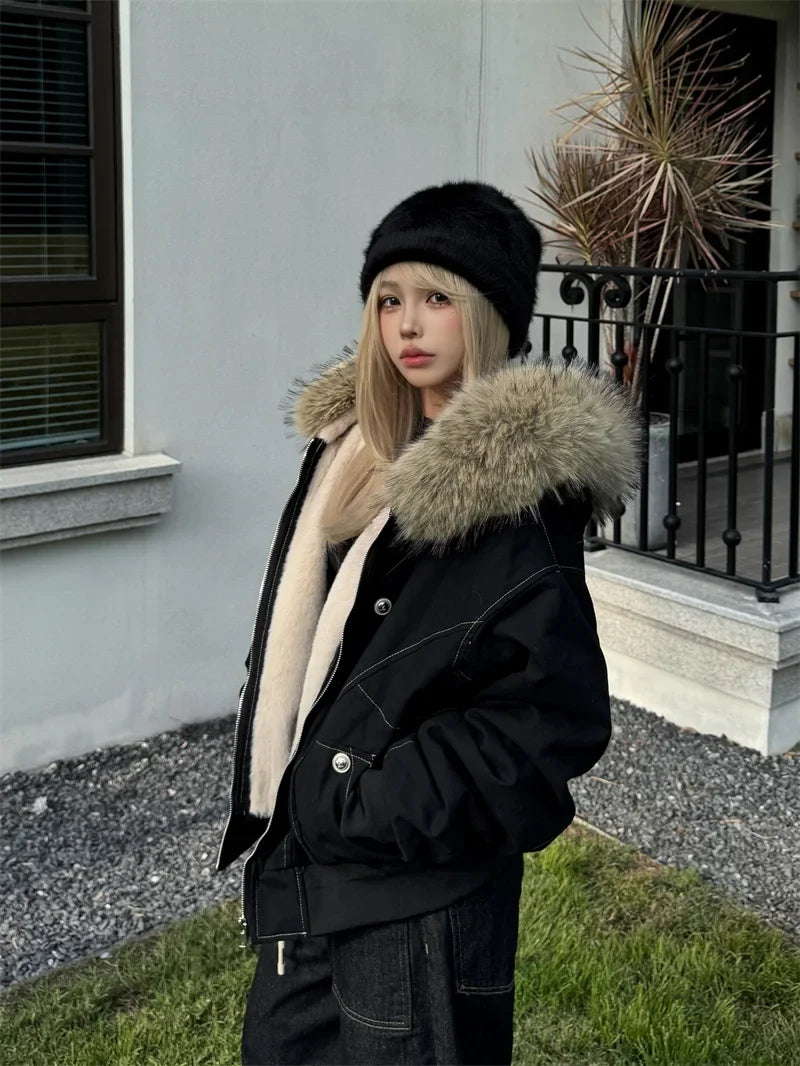 ZAROY Fur Collar Hooded Parkas Y2k Harajuku Thicken Padded Jackets Casual Zipper Gothic Women&Men Winter Coats Streetwear кур