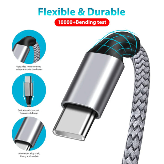 60W PD USB-C to USB-C Fast Charging Cable Nylon Braided Type-C Data Cord 1M/2M/3M/5M/8M for iPhone Samsung Xiaomi MacBook