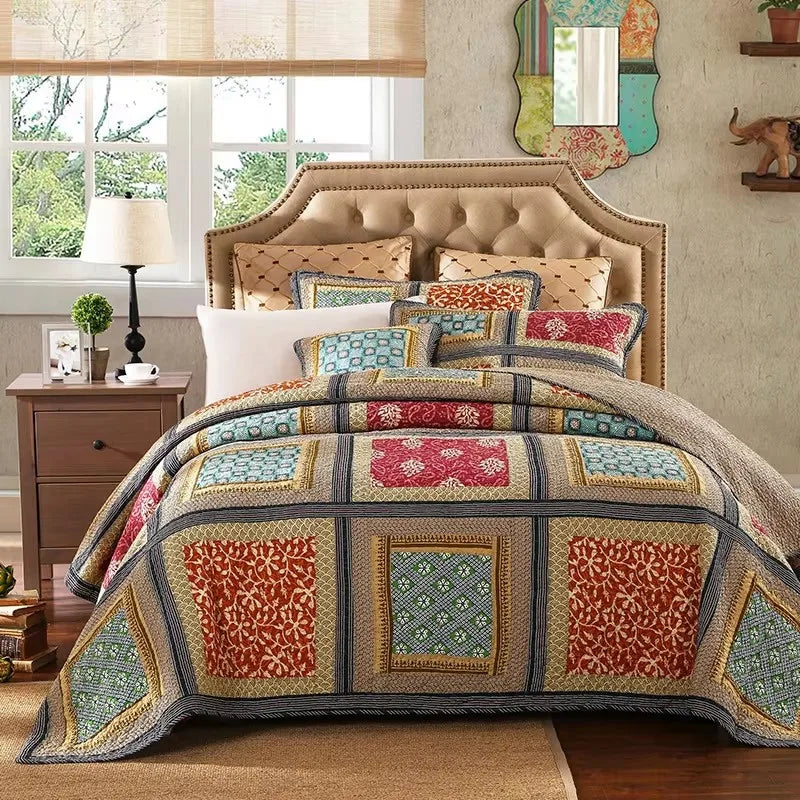 Vintage Patchwork Cotton Quilt Set 3PCS King/Queen - All-Season Thin Comforter Bedspread,Breathable Quilted Coverlet Bedding