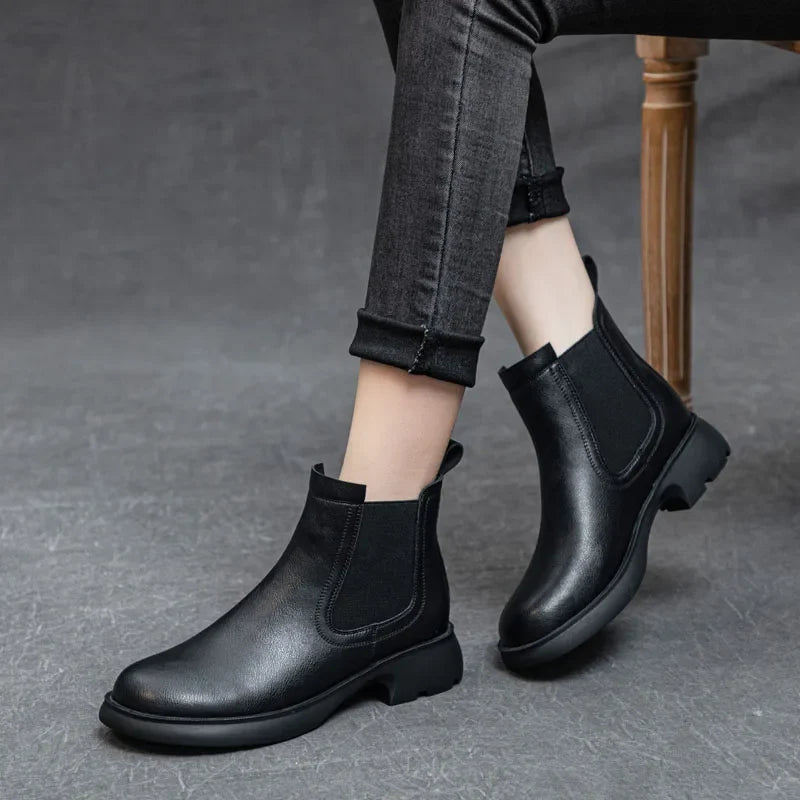 DRKANOL Fashion Women Thick Heel Ankle Boots Autumn Winter Warm Shoes Round Toe Real Cowhide British Style Slip On Chimney Boots