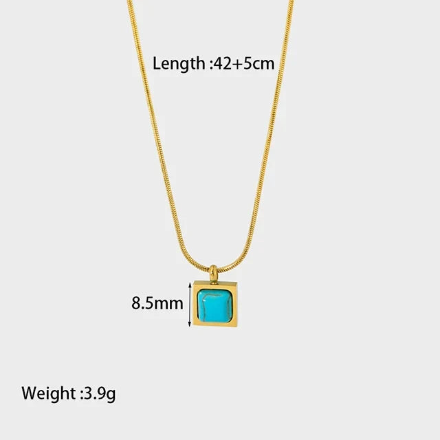 Stylish 18k Gold Plated Stainless Steel Blue Natural Stone Geometric Pendant Necklace for Women Waterproof  Collar Jewelry Gift