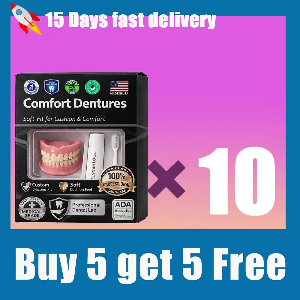 Temporary Adjustable Resin Full Dentures, Natural Bright White Smile, Easy Wear Cosmetic Dental Kit