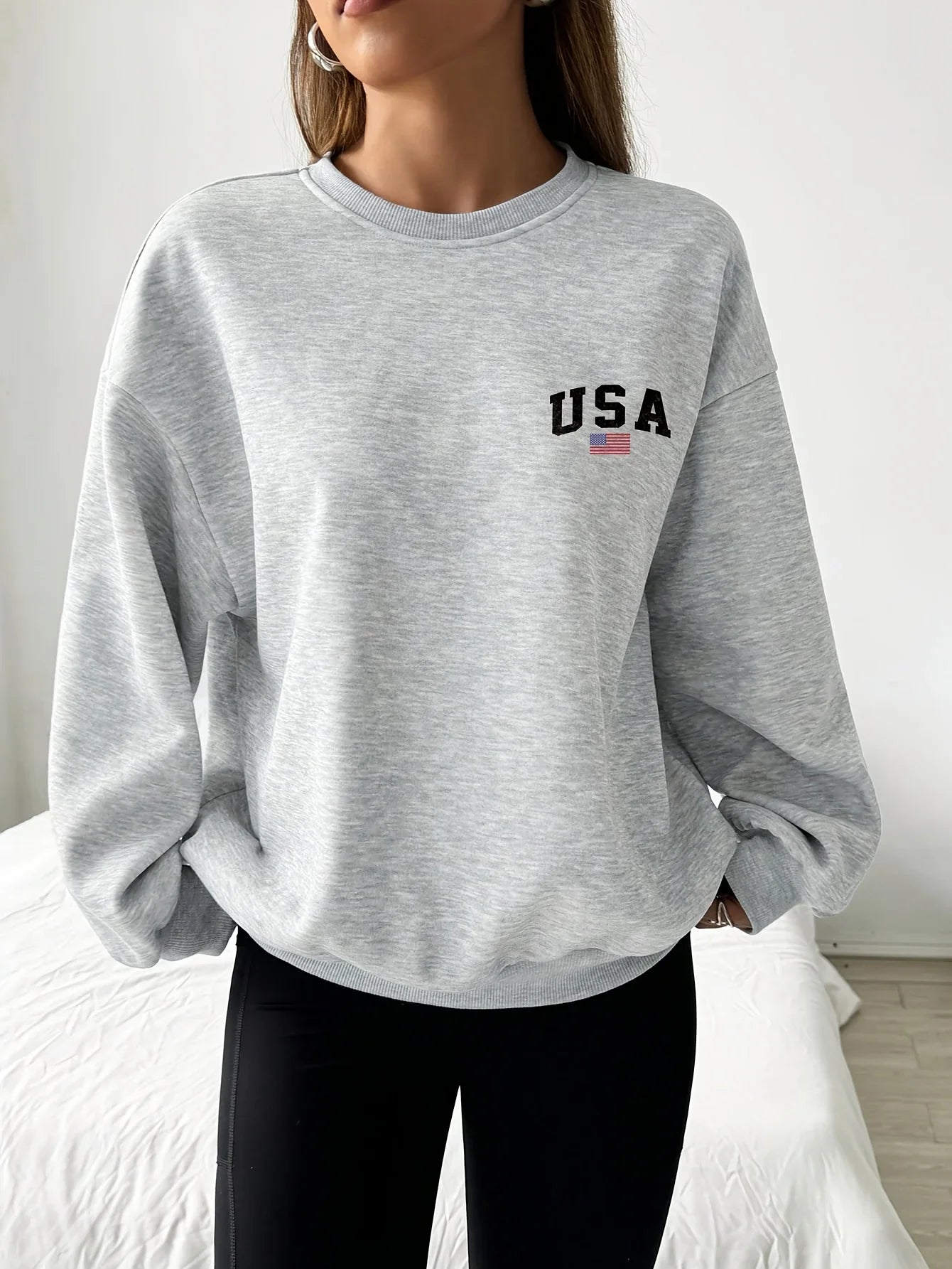 Women's Casual USA Print Pullover Sweatshirt Geometric Design Long Sleeve Round Neck Machine Washable Regular Fit for Autum