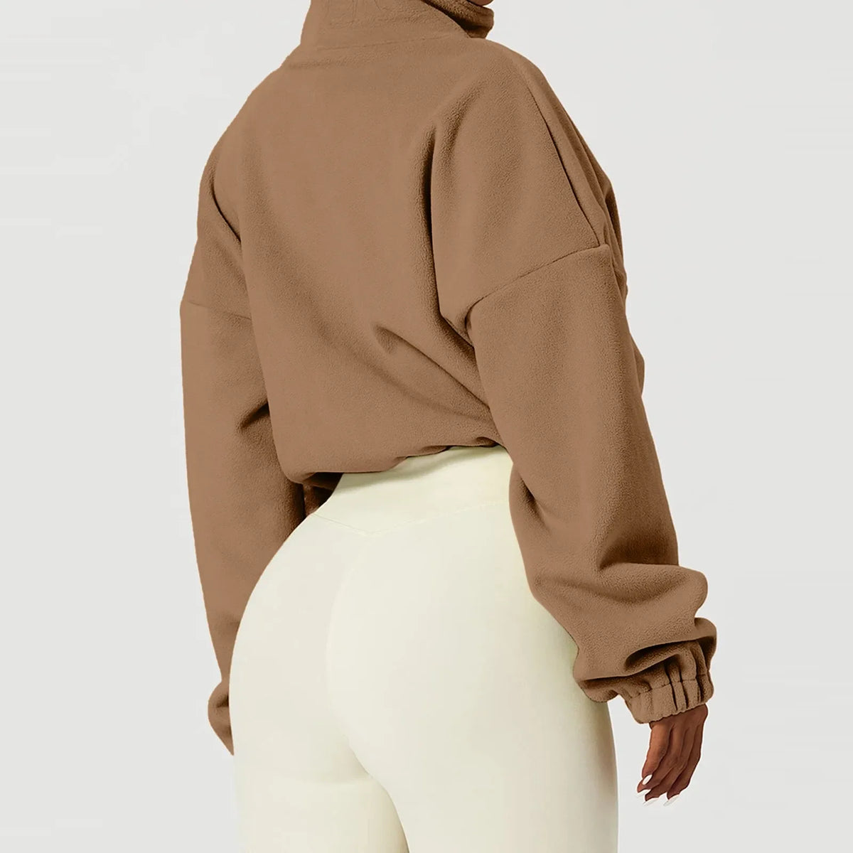 Women Autumn Stand Collar Fleece Jacket Zip Up Cropped Coat Solid Sweatshirt Top Drawstring Fashion Casual Outerwear Sportswear