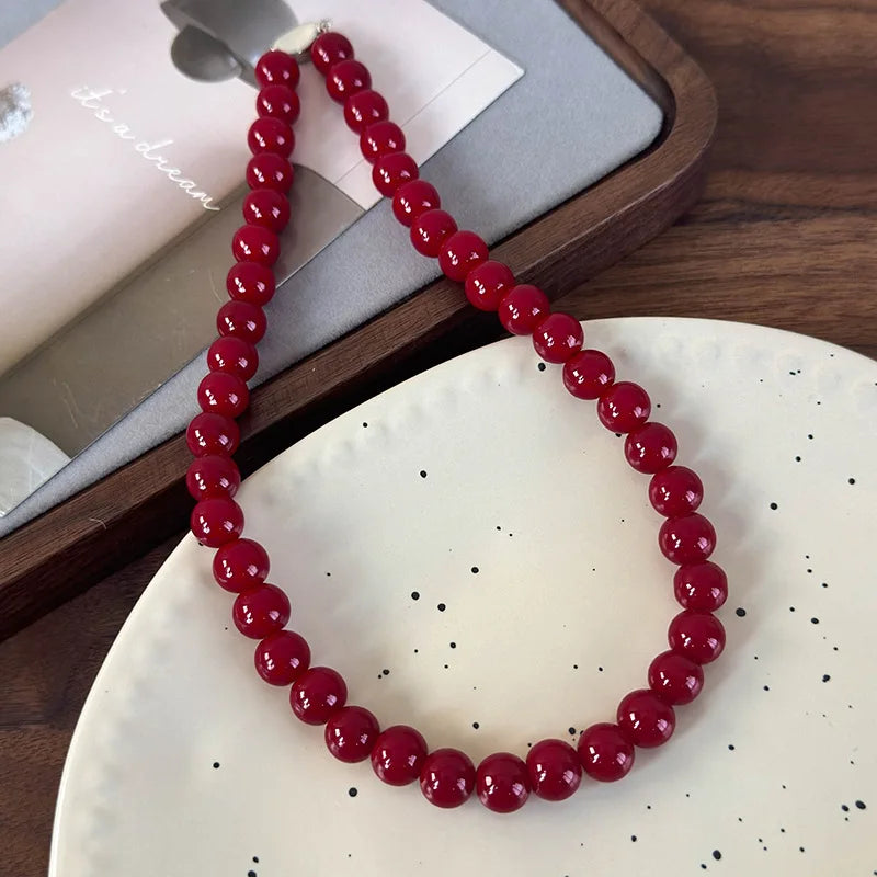 Handmade Vintage Chinese Style Glass Bead Necklace with Antique Red Glass Beads and Gold Coin Closure, Versatile Neckpiece