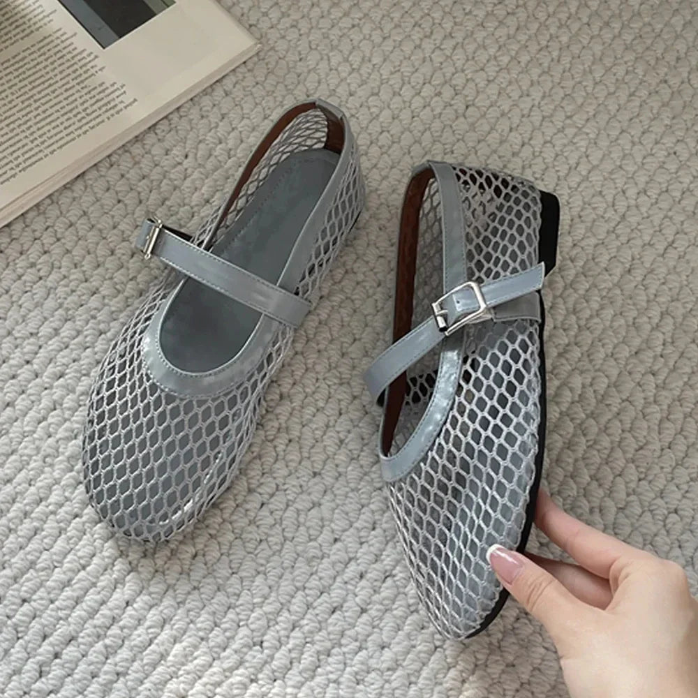 Aneikeh Round Toe Flat Shoes Women Non Slip Flat Sandals Sizes 35-43 Breathable Mesh Beach Outdoor Shallow Comfortable Shoes