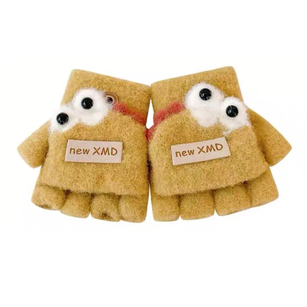 Cartoon Autumn Winter Gloves Cold Proof Windproof Baby Children Half Finger Flap Gloves Thickened Hand Warmer