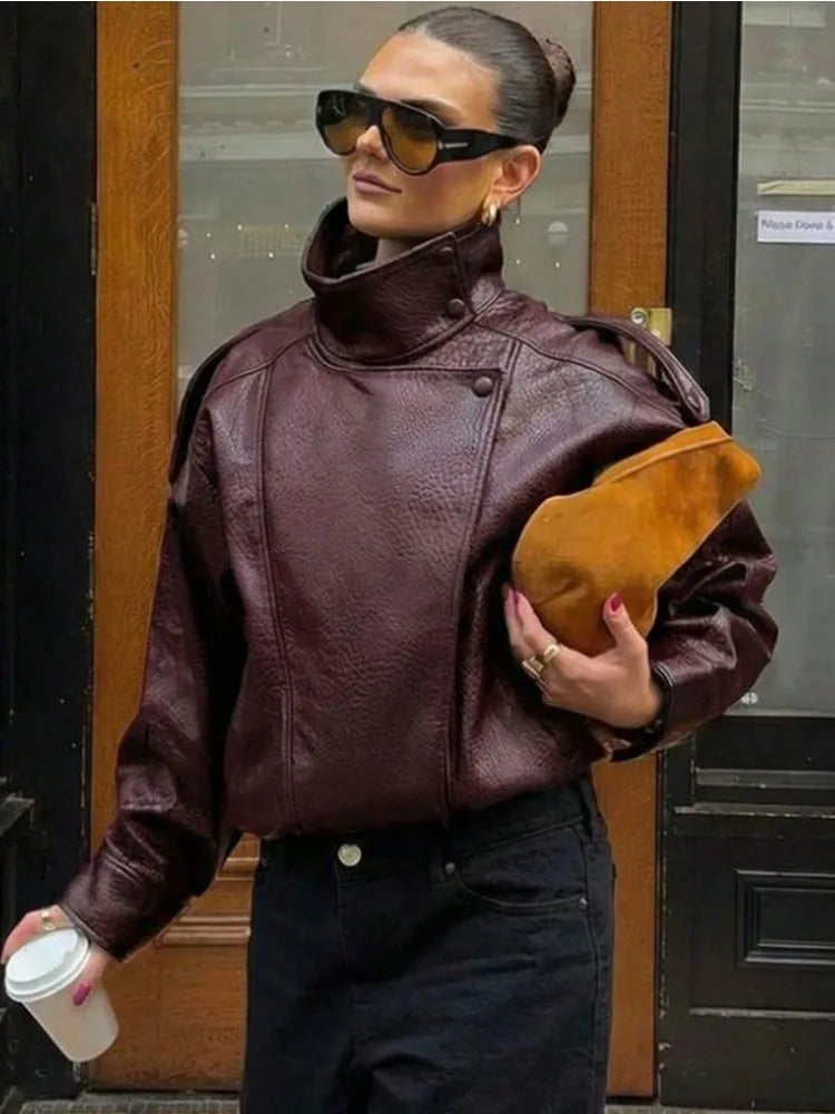 Fake leather Coat Women Y2k Faux Leather Jacket New Casual PU Jacket Motorcycle Style Leather Jacket Pebble Fall Personality