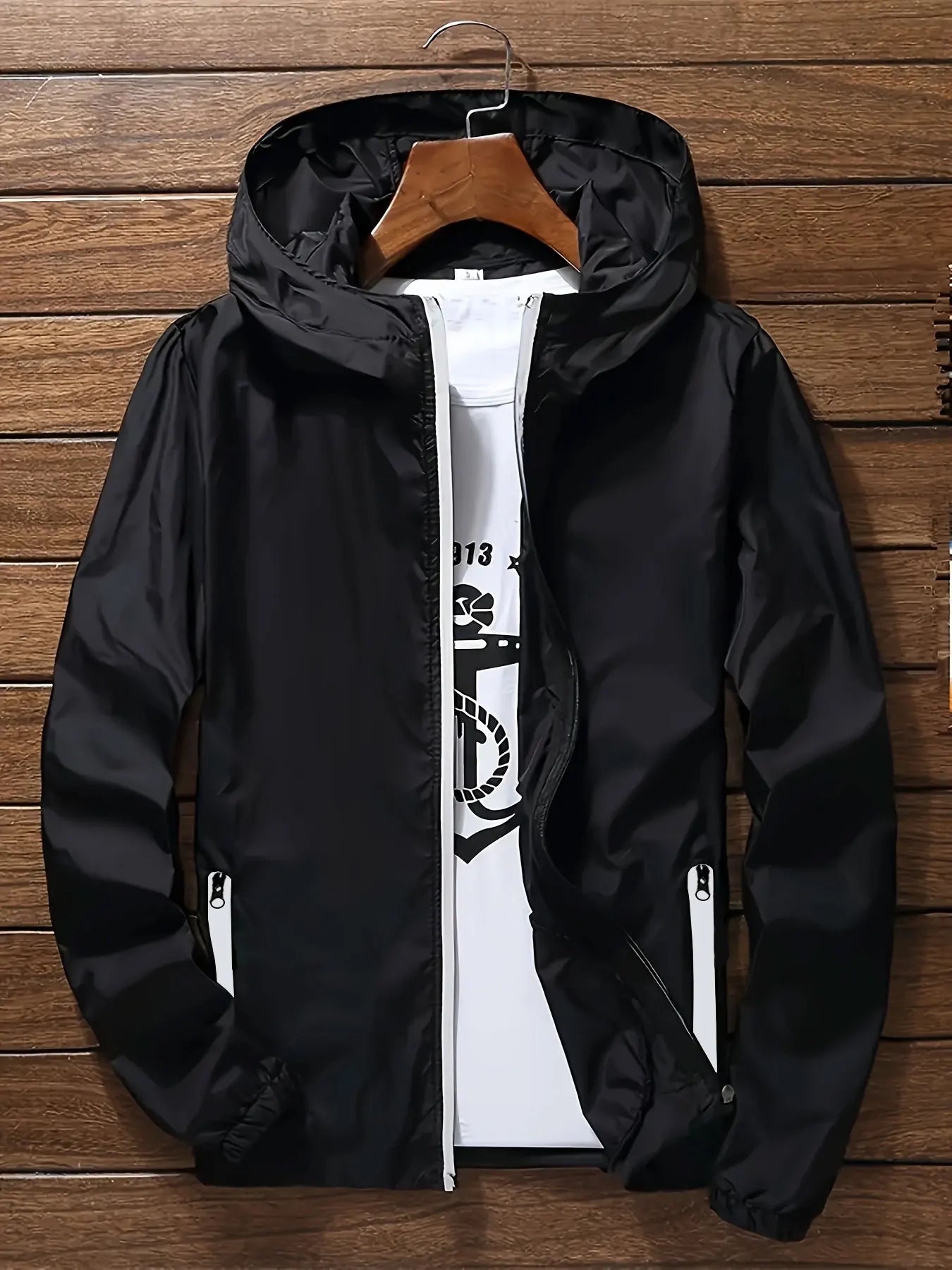 Men's Premium Lightweight Hooded Windbreaker, Quick-Dry Full-Zip Casual Jacket with Zipper Pockets for Street & Outdoor Wear